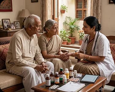 Doctor providing elderly care at home